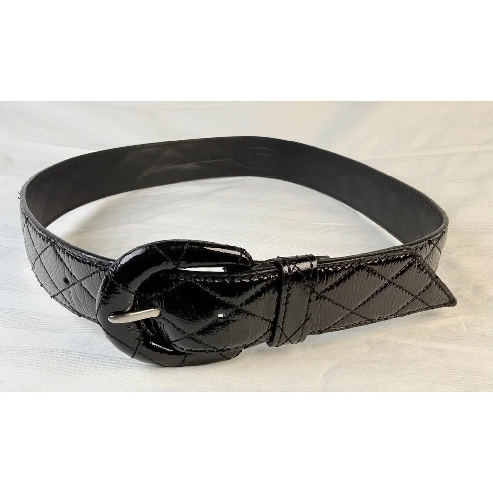 Talbots Black Patent Quilted Leather Belt Oval Buckle XS Genuine Leather